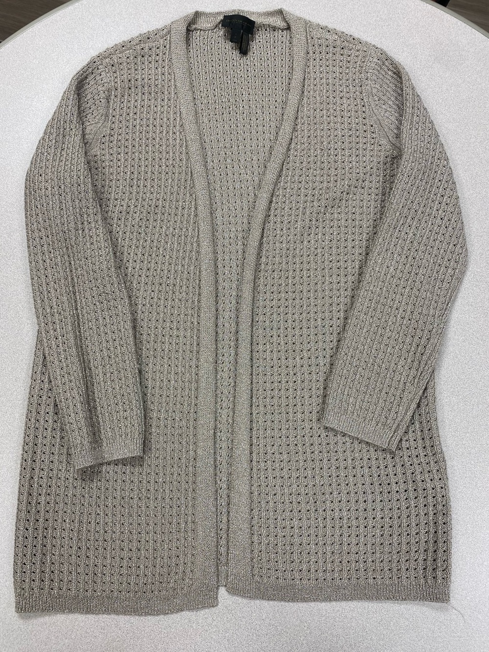 Donna Karan Silver Open-Front Long Knit Cardigan Sweater